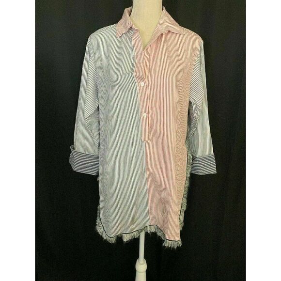Zara Womens Navy Blue White Red Striped Long Sleeve Top Button Down Small - Picture 1 of 7